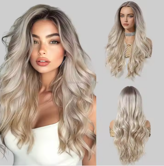 Front Lace Hair 28 Inch Long Curly Hair Body Wave Gradient brown Synthetic Wig
